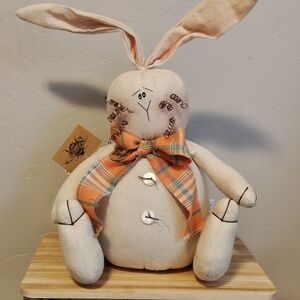 Honey And Me Handmade Cream Fabric Bunny with Orange Plaid Bow - Home Accent
